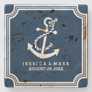 Navy Blue & White Nautical Both Anchor & Frame Stone Coaster