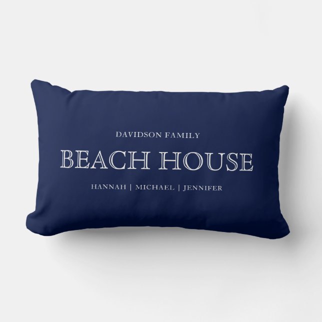 Navy Blue White Nautical Coastal Beach House Lumbar Cushion (Front)