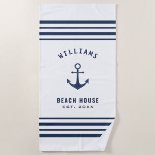 Navy Blue White Nautical Family Name Beach House Beach Towel