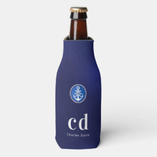 Navy blue white nautical monogram initials name bottle cooler