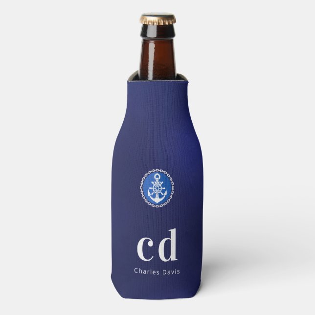 Navy blue white nautical monogram initials name  bottle cooler (Bottle Front)