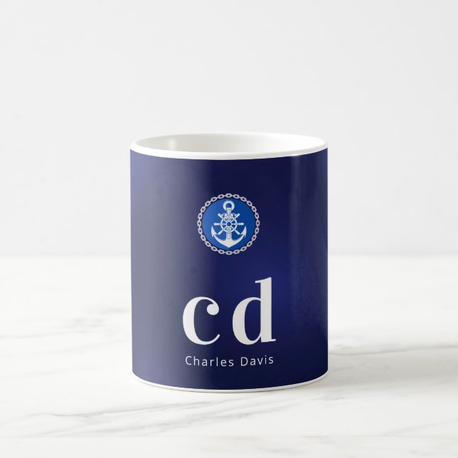 Navy blue white nautical monogram initials name  coffee mug (Center)