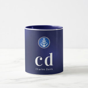 Navy blue white nautical monogram initials name mug