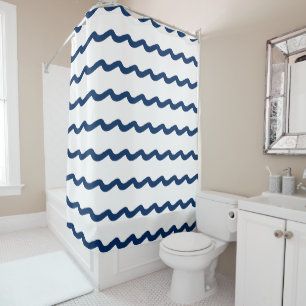 Navy Blue white nautical sea waves pattern Shower  Curtain