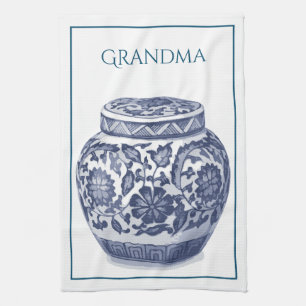 Navy Blue White New England Hamptons Ginger Jar Tea Towel