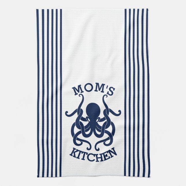 Navy Blue & White Octopus And Stripes Combination Tea Towel (Vertical)