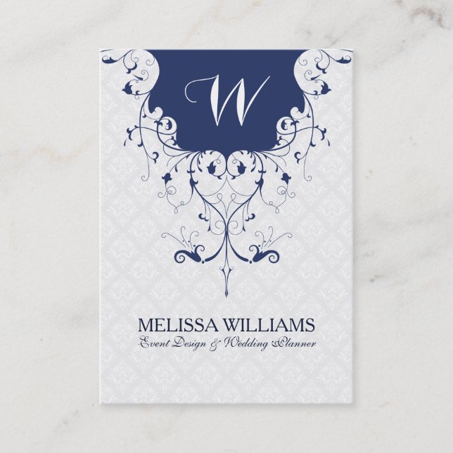Navy Blue & White Ornate Lace Frame Business Card (Front)