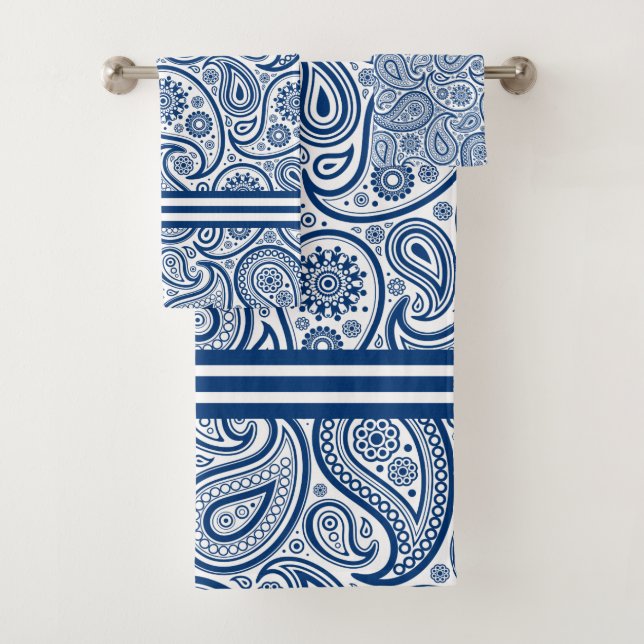 Navy Blue & White Paisley Pattern Stripes Accent Bath Towel Set (Insitu)