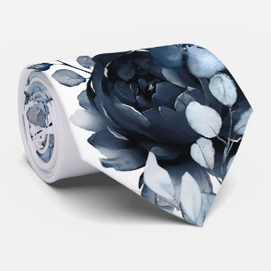 Navy Blue White Peony Eucalyptus Garden Wedding Tie