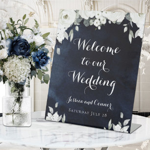 Navy Blue White Peony Welcome To Our Wedding Pedestal Sign