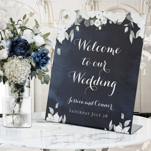 Navy Blue White Peony Welcome To Our Wedding Pedestal Sign (Creator Uploaded)