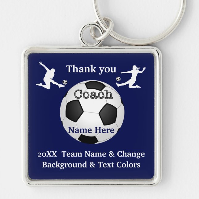 Navy Blue, White Personalised Soccer Coach Gifts Key Ring (Front)