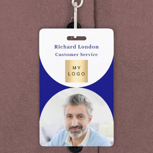 Navy blue white photo arch QR code business logo ID Badge