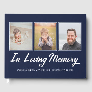 Navy Blue White Photo Collage In Loving Memory Guest Book