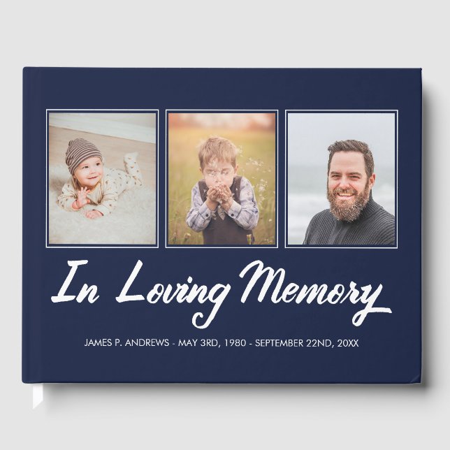 Navy Blue White Photo Collage In Loving Memory Guest Book (Front)