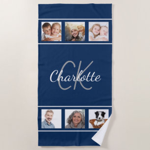 Navy blue white photo collage monogram script beach towel