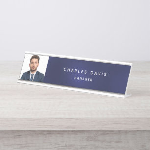 Navy blue white photo desk name plate