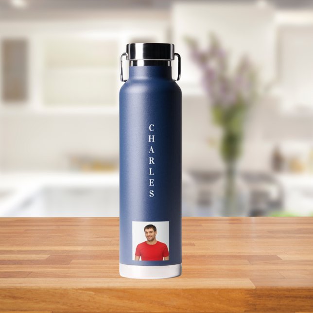 Navy blue white photo guy water bottle (Creator Uploaded)