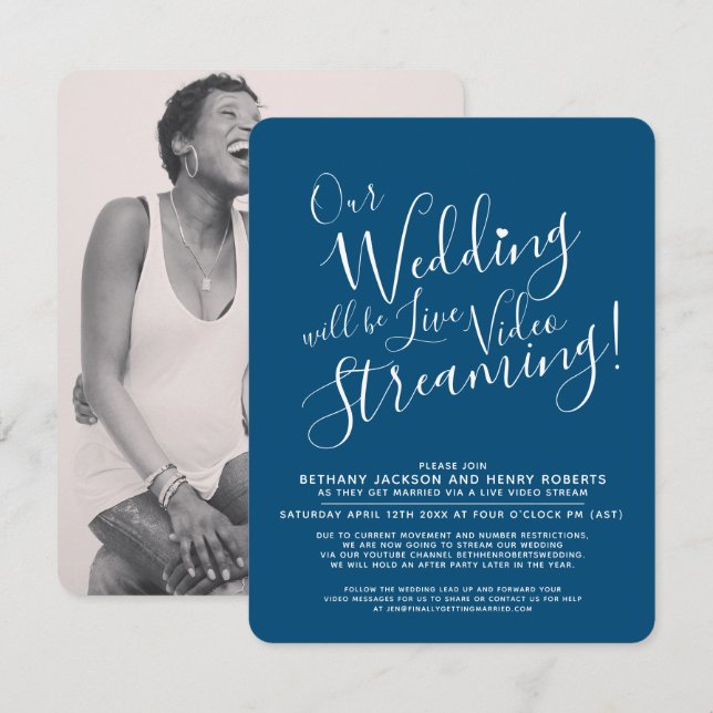 Navy blue white photo live streaming wedding invitation (Front/Back)