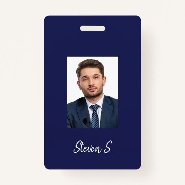 Navy blue white photo name badge ID badge (Front)