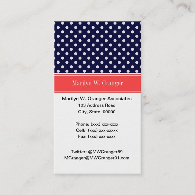Navy Blue White Polka Dots Coral Name Monogram Business Card (Front)
