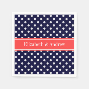 Navy Blue White Polka Dots Coral Name Monogram Napkin
