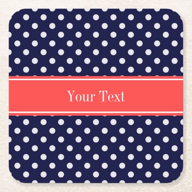 Navy Blue White Polka Dots Coral Name Monogram Square Paper Coaster (Front)