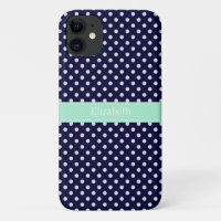 Navy Blue White Polka Dots Mint Name Monogram