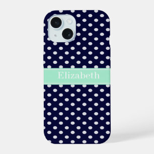 Navy Blue White Polka Dots Mint Name Monogram iPhone 15 Case