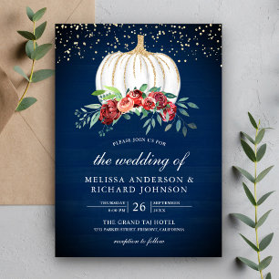 Navy Blue White Pumpkin Burgundy Floral Wedding Invitation
