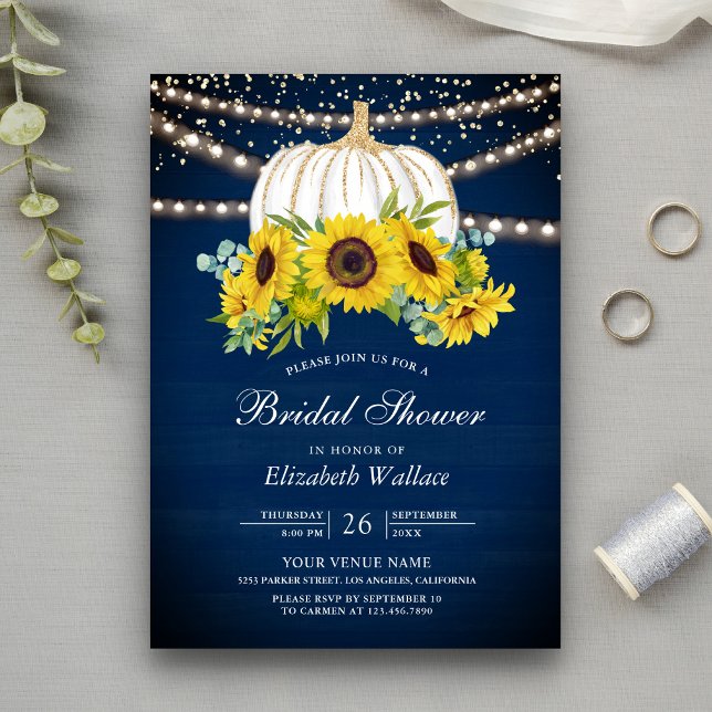 Navy Blue White Pumpkin Sunflowers Bridal Shower I Invitation (Creator Uploaded)