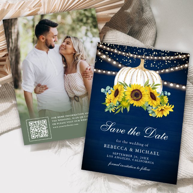 Navy Blue White Pumpkin Sunflowers Wedding Photo Save The Date (Creator Uploaded)