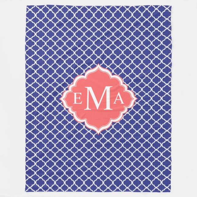 Navy Blue & White Quatrefoil Geometric Pattern Fleece Blanket (Front)