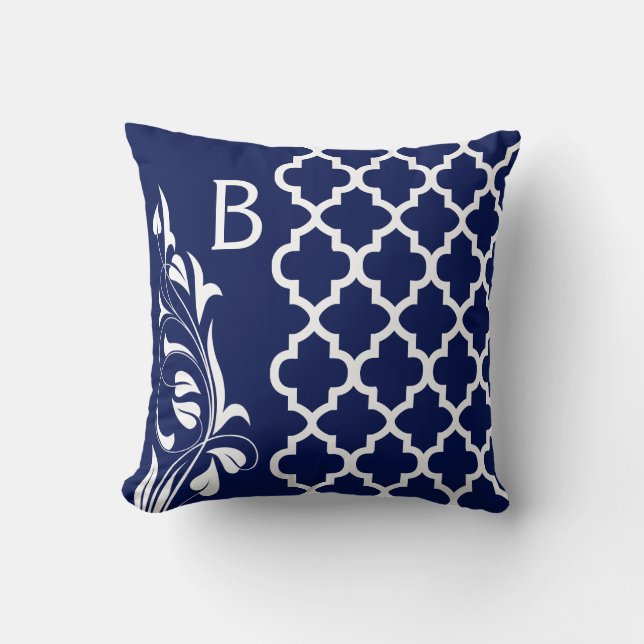Navy Blue & White Quatrefoil Monogram Floral Cushion (Front)