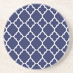 Navy Blue White Quatrefoil Moroccan Pattern Coaster