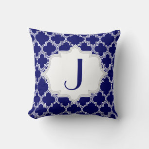 Navy blue, white quatrefoil Moroccan pattern throw Cushion