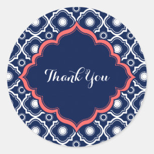 Navy Blue & White Quatrefoil Pattern Classic Round Sticker