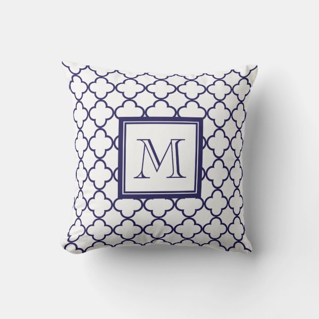 Navy Blue, White Quatrefoil | Your Monogram Cushion (Front)