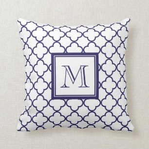 Navy Blue, White Quatrefoil   Your Monogram Cushion