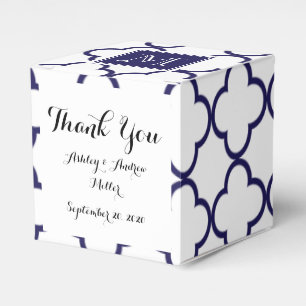 Navy Blue, White Quatrefoil   Your Monogram Favour Box