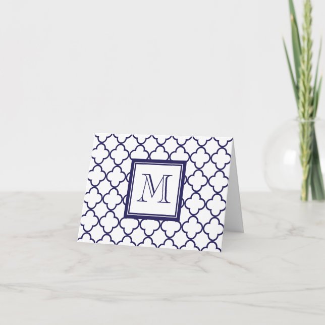 Navy Blue, White Quatrefoil | Your Monogram Note Card (Front)