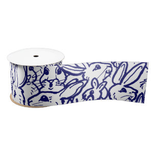 Navy Blue White Rabbit Bunny Cute Whimsical Satin Ribbon