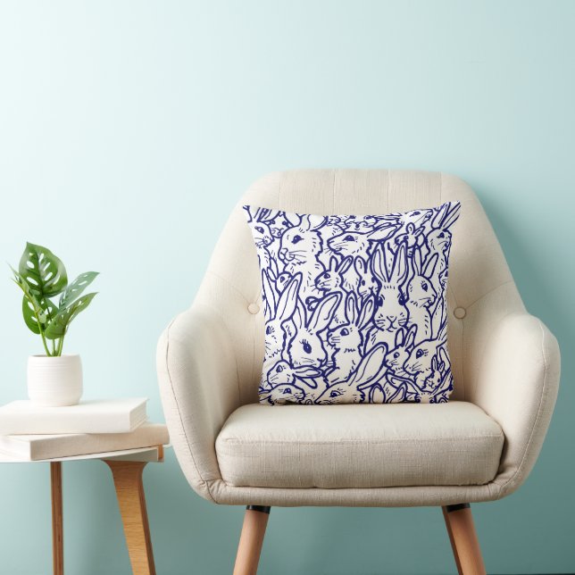 Navy Blue White Rabbit Bunny Drawing Cute Unique Cushion (Chair)