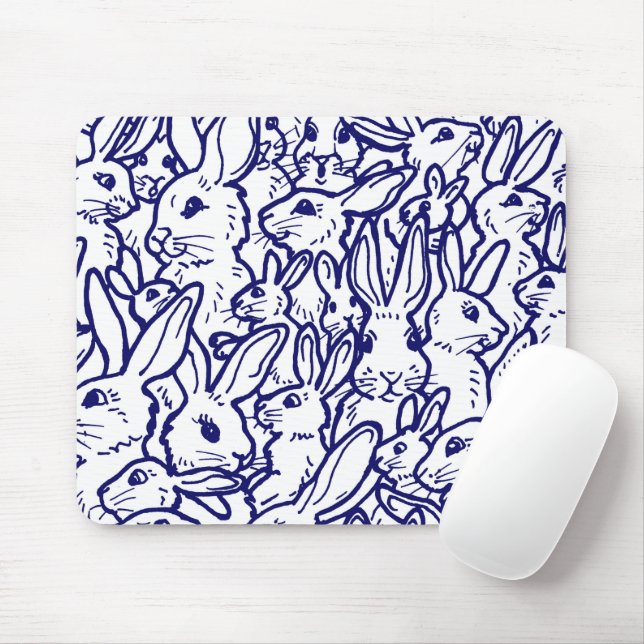Navy Blue White Rabbit Bunny Drawing Cute Unique Mouse Mat (With Mouse)