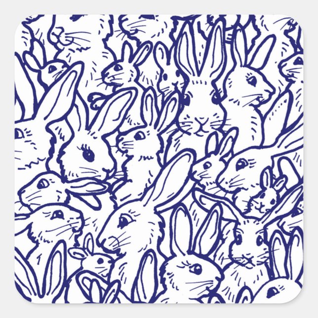 Navy Blue White Rabbit Bunny Drawing Cute Unique Square Sticker (Front)