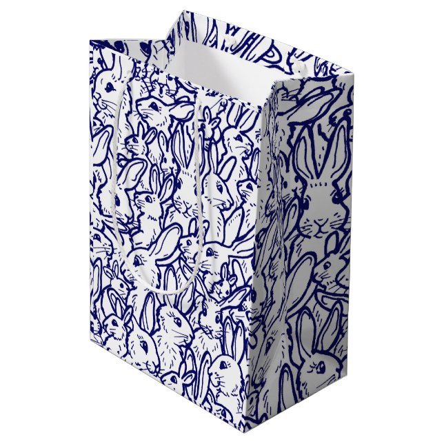 Navy Blue White Rabbit Bunny Large Pattern Medium Gift Bag (Back Angled)