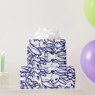 Navy Blue White Rabbit Bunny Large Pattern  Wrapping Paper