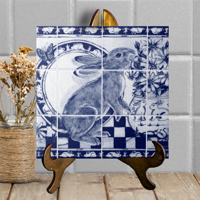 Navy Blue White Rabbit Dedham Pottery Delft Mural Tile (Creator Uploaded)