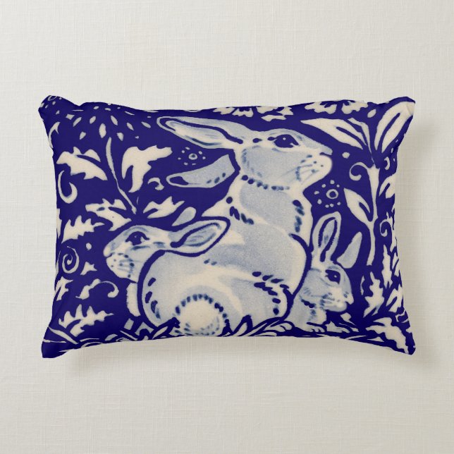 Navy Blue White Rabbit FamilyFloral Dedham Delft Decorative Cushion (Front)