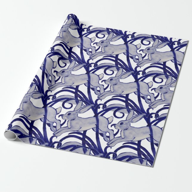Navy Blue White Rabbit Hare Bunny Art Deco Scroll Wrapping Paper (Unrolled)